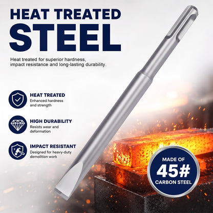 A silver heat-treated steel chisel shown diagonally over a glowing forge background with marketing text about hardness, durability, and impact resistance, plus a badge stating made of 45# carbon steel.