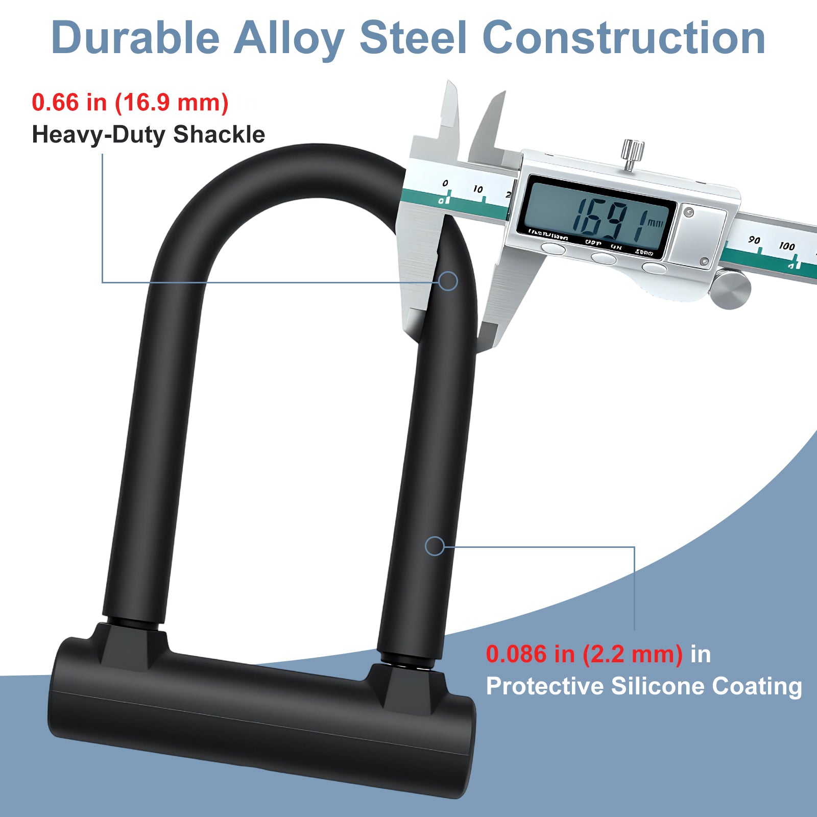 Black U-shaped bike lock with measurement details on a blue background