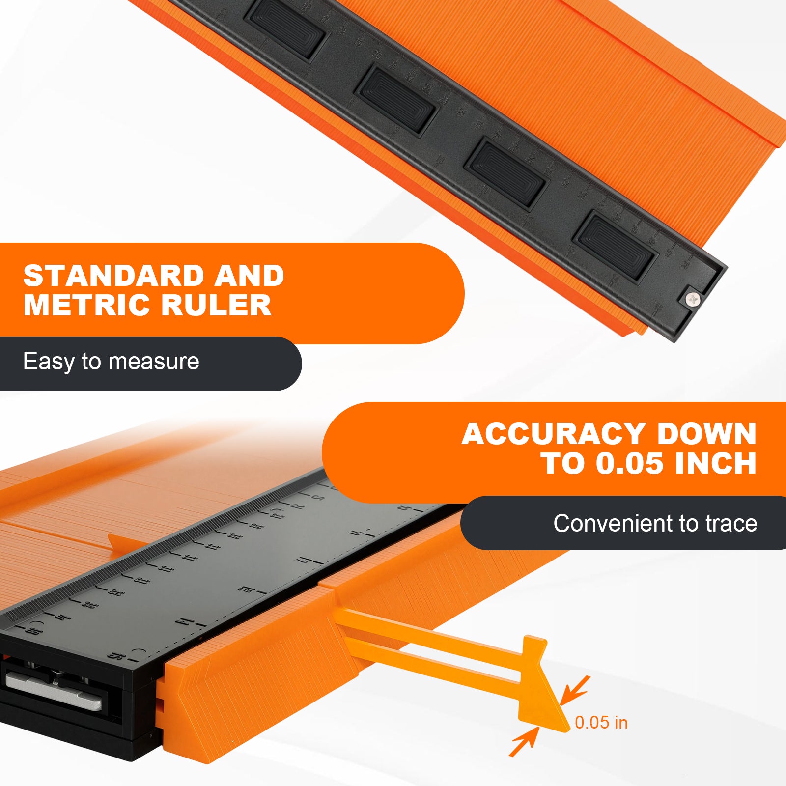 Orange and black measuring ruler with text highlighting accuracy and ease of use on a white background