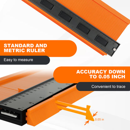 Orange and black measuring ruler with text highlighting accuracy and ease of use on a white background