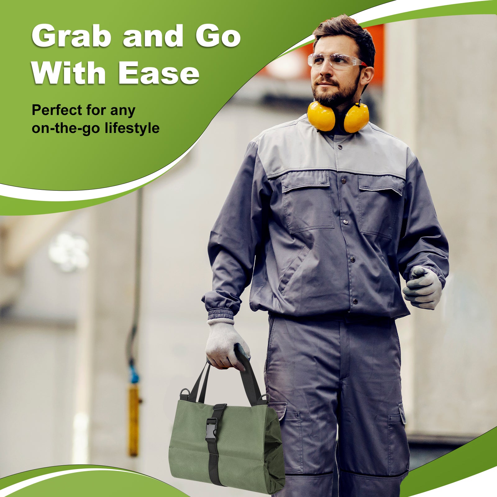 Person in work attire with a green bag, wearing yellow ear protection, against a blurred indoor background.