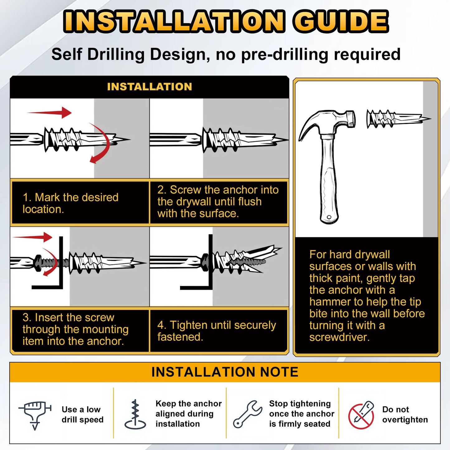 Installation guide infographic for a self-drilling wall anchor, showing four step-by-step installation instructions, a hammer and anchor illustration, and installation notes on a white background with orange and black text.