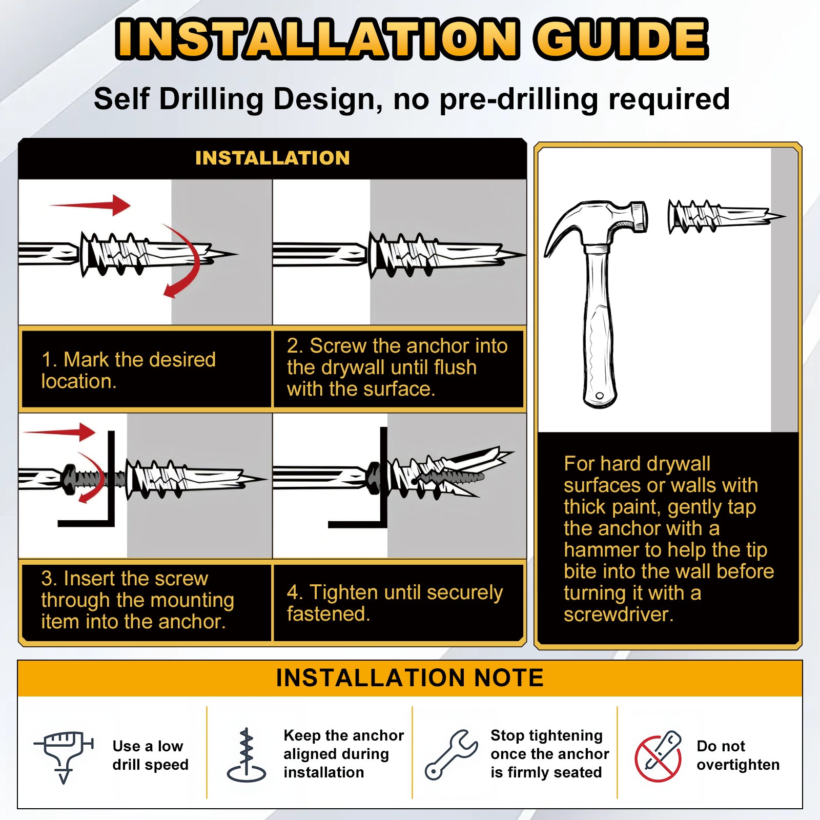 Installation guide infographic for a self-drilling wall anchor, showing four step-by-step installation instructions, a hammer and anchor illustration, and installation notes on a white background with orange and black text.