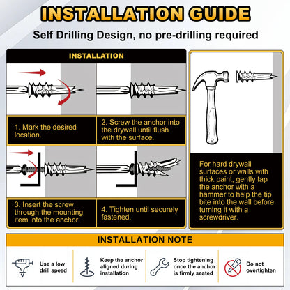 Installation guide infographic for a self-drilling wall anchor, showing four step-by-step installation instructions, a hammer and anchor illustration, and installation notes on a white background with orange and black text.