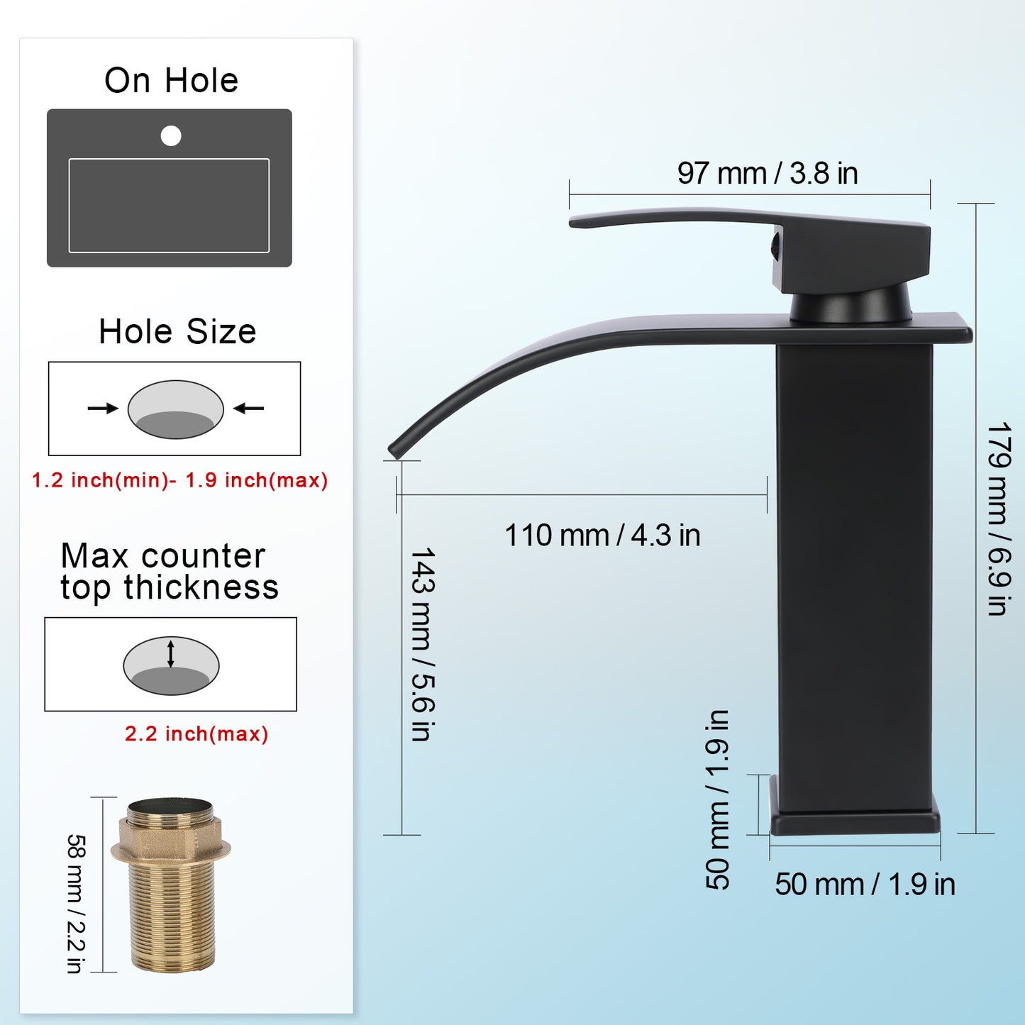 Black sink faucet with dimensions and installation instructions on a light blue background