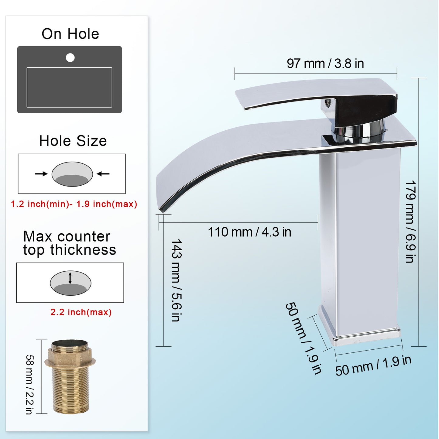 Bathroom faucet with dimensions and installation instructions on a white background