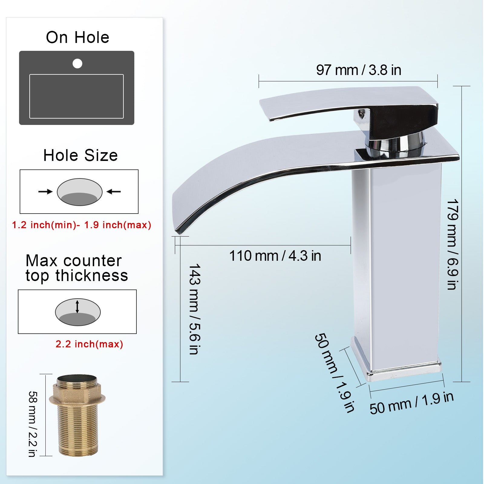 Bathroom faucet with dimensions and installation instructions on a white background