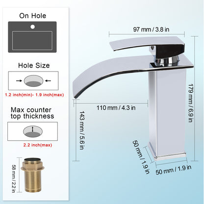 Bathroom faucet with dimensions and installation instructions on a white background