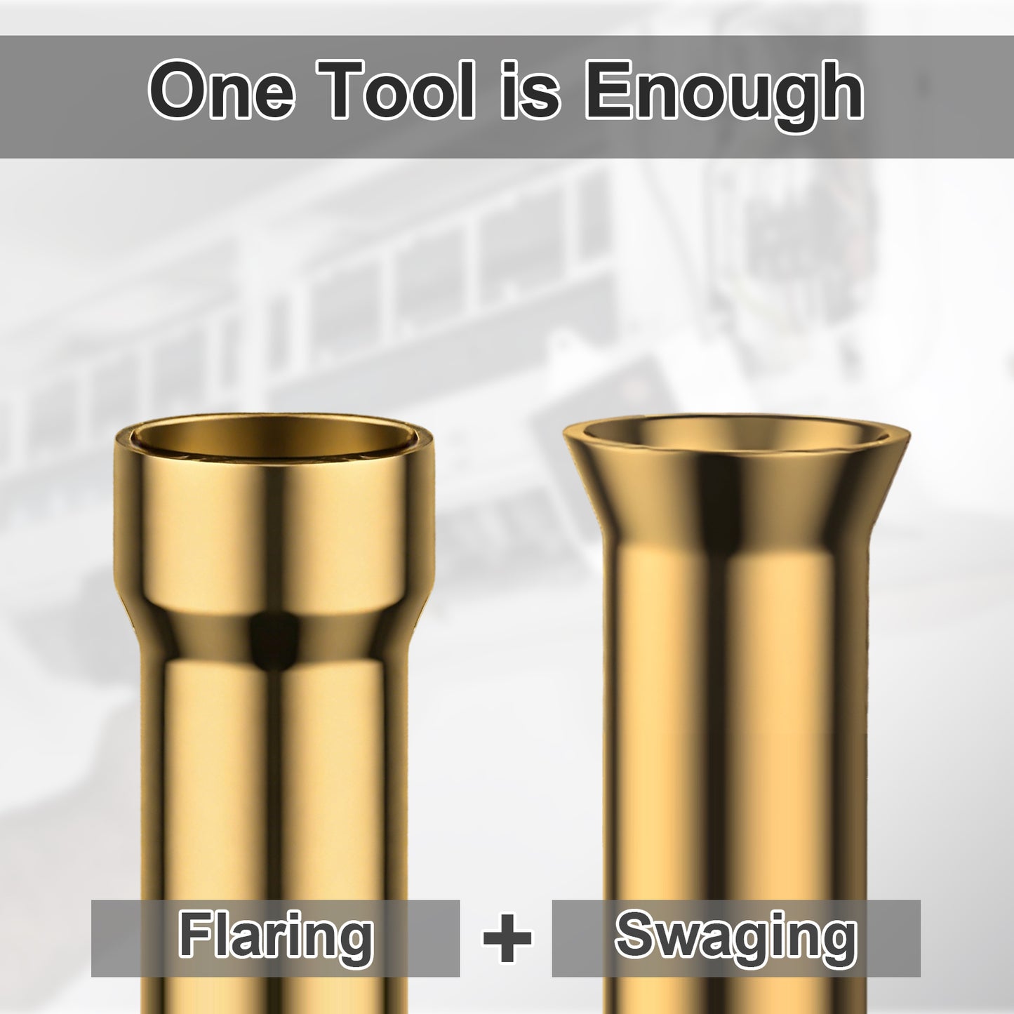 Two gold metal tools labeled 'Flaring' and 'Swaging' on a light gray background.