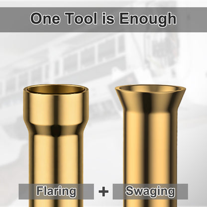 Two gold metal tools labeled 'Flaring' and 'Swaging' on a light gray background.