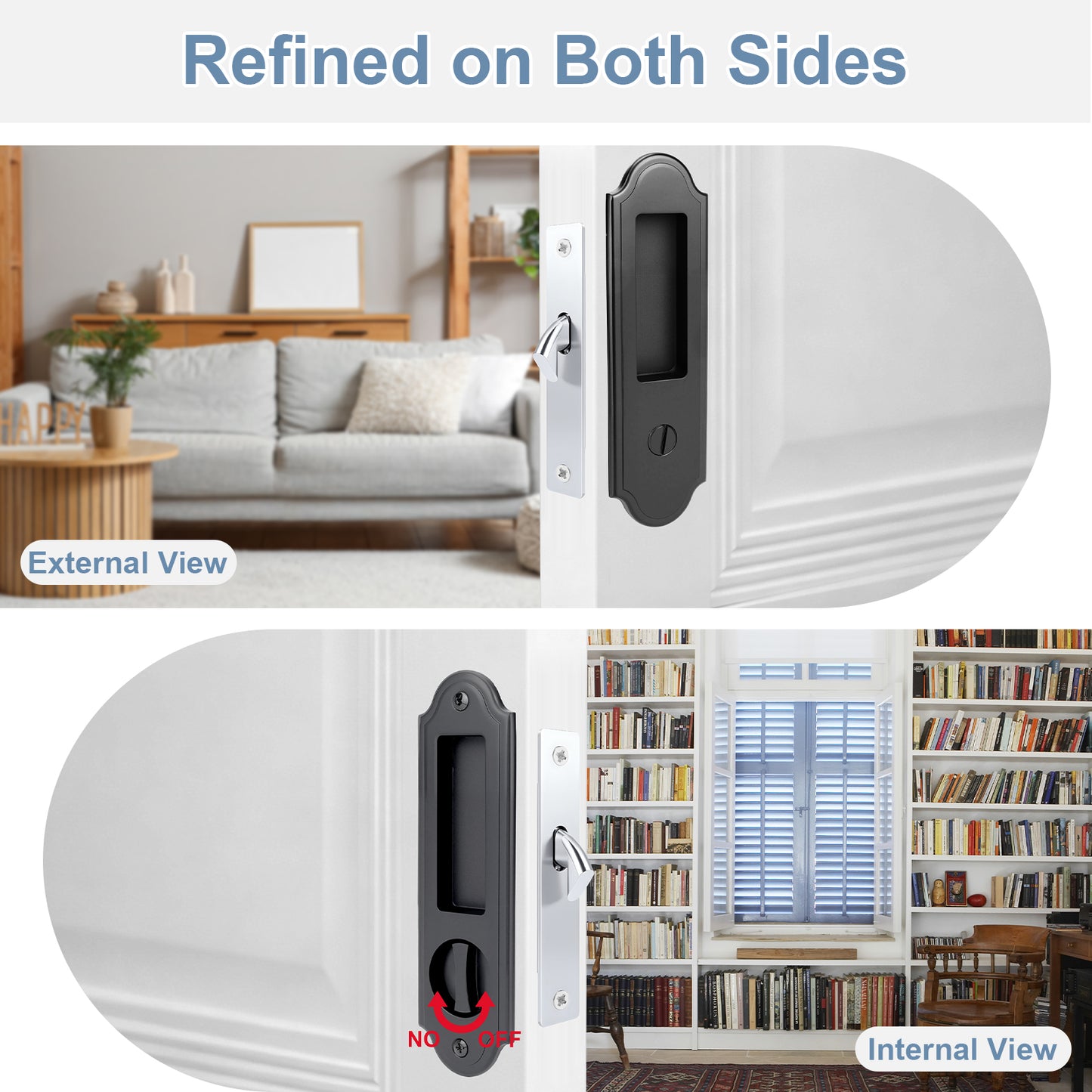 Collage of a door with a lock mechanism, showing both external and internal views in a home setting.