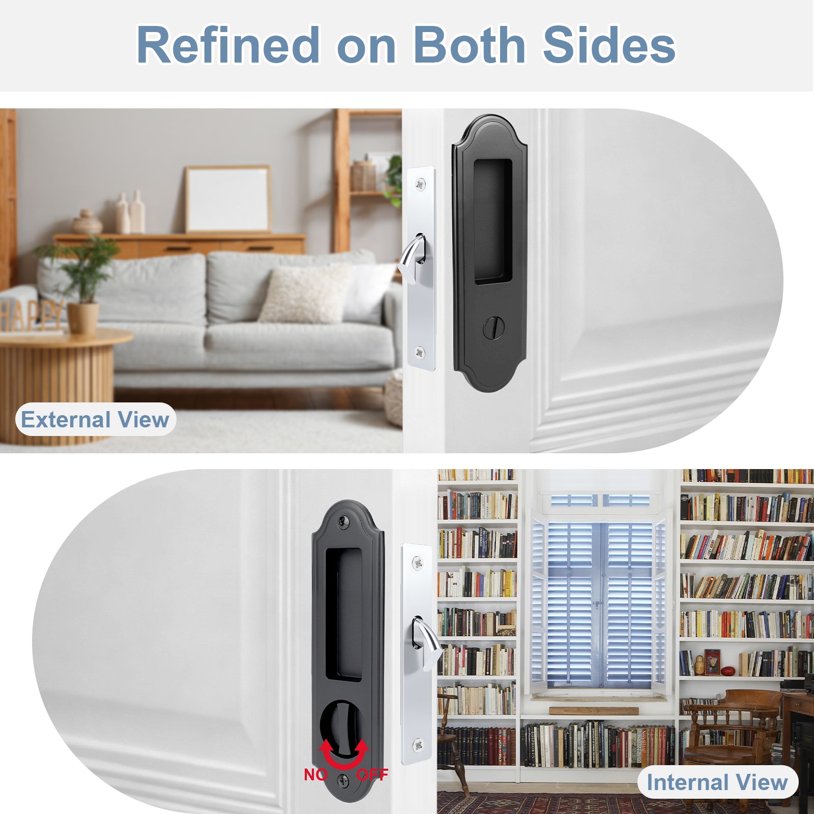 Collage of a door with a lock mechanism, showing both external and internal views in a home setting.
