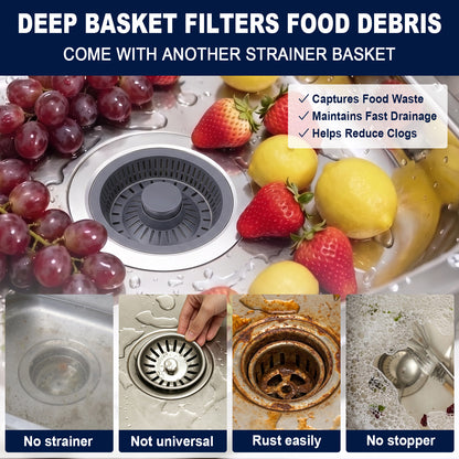 A kitchen sink drain strainer basket shown installed in a sink with fruit around it, plus four smaller inset images demonstrating sink drain conditions and benefits. Large text at the top reads 'DEEP BASKET FILTERS FOOD DEBRIS' and 'COME WITH ANOTHER STRAINER BASKET.