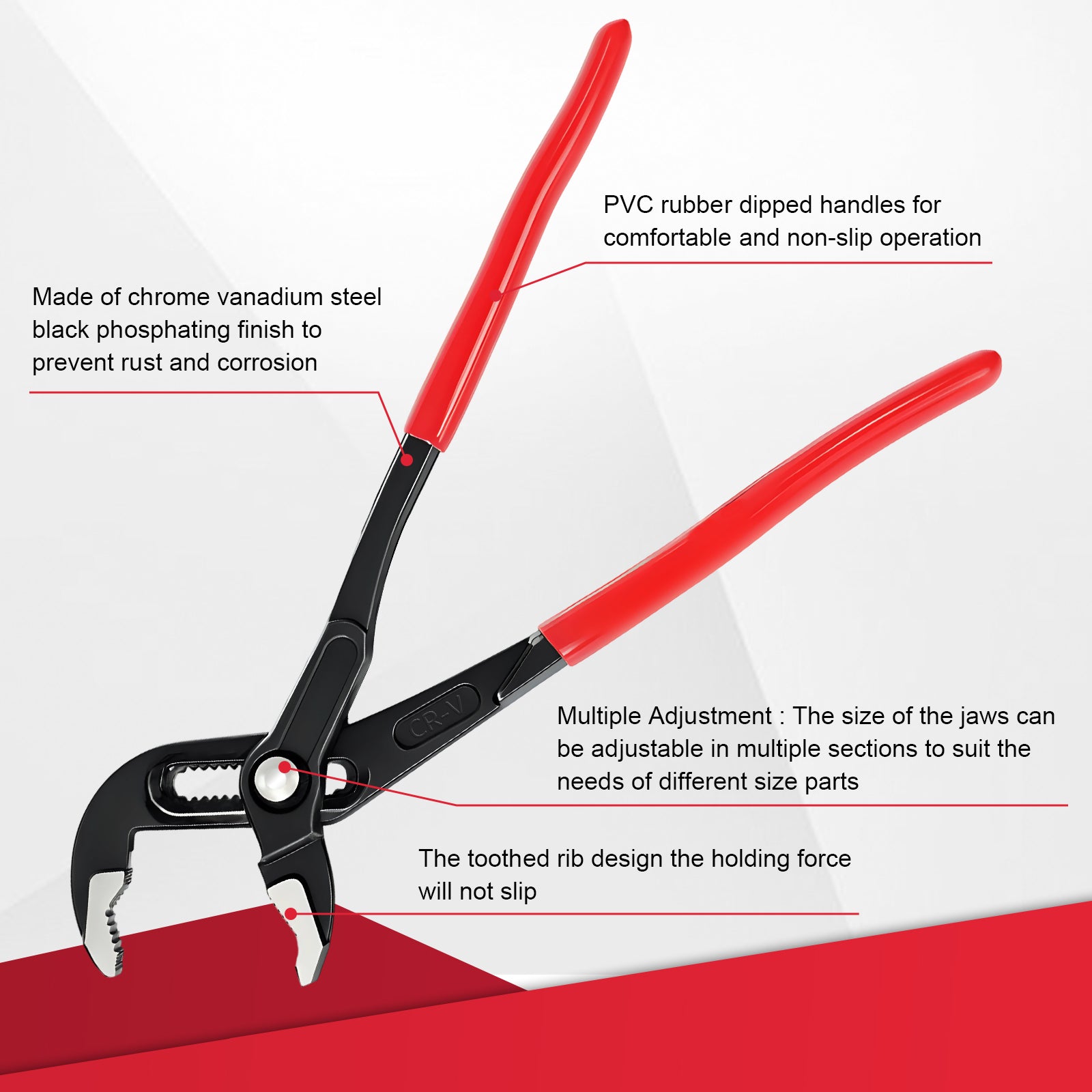 Pliers with red handles and black body on a white background