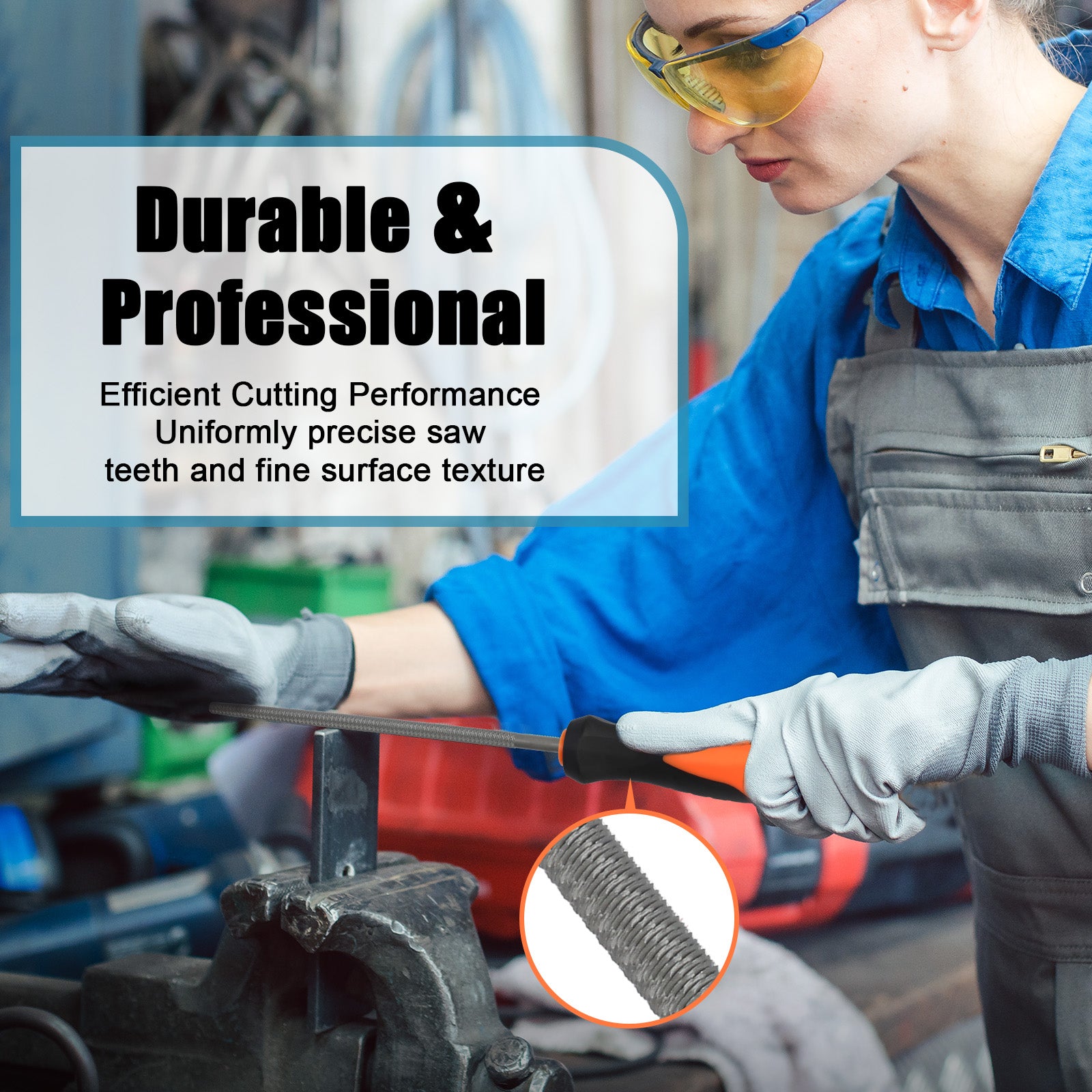 Person using a tool with text about durable and professional performance