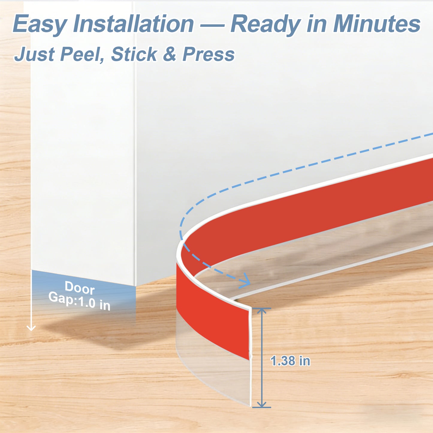 Door gap filler strip with text indicating easy installation and dimensions.