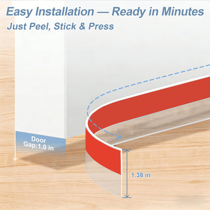 Door gap filler strip with text indicating easy installation and dimensions.