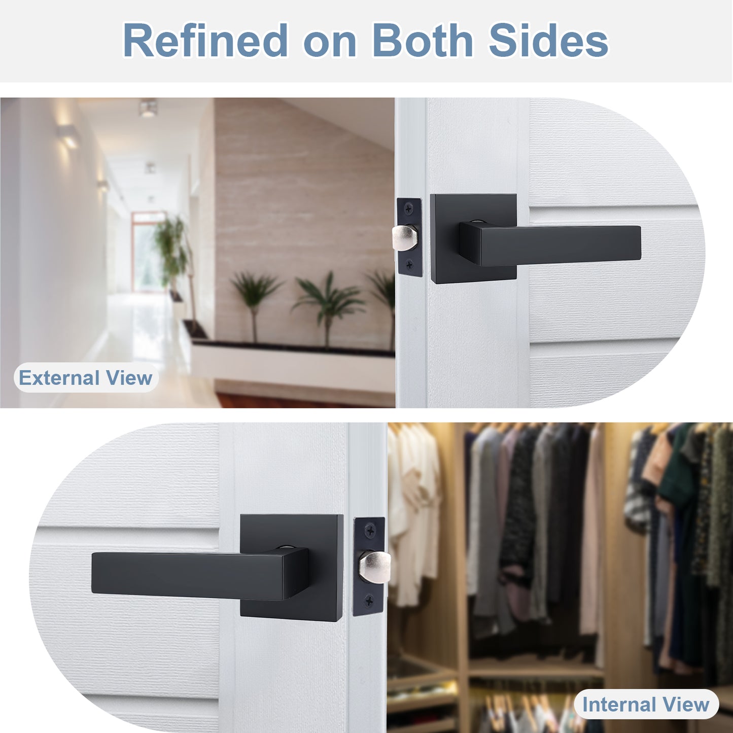 Black door handle on a white door with external and internal views shown.