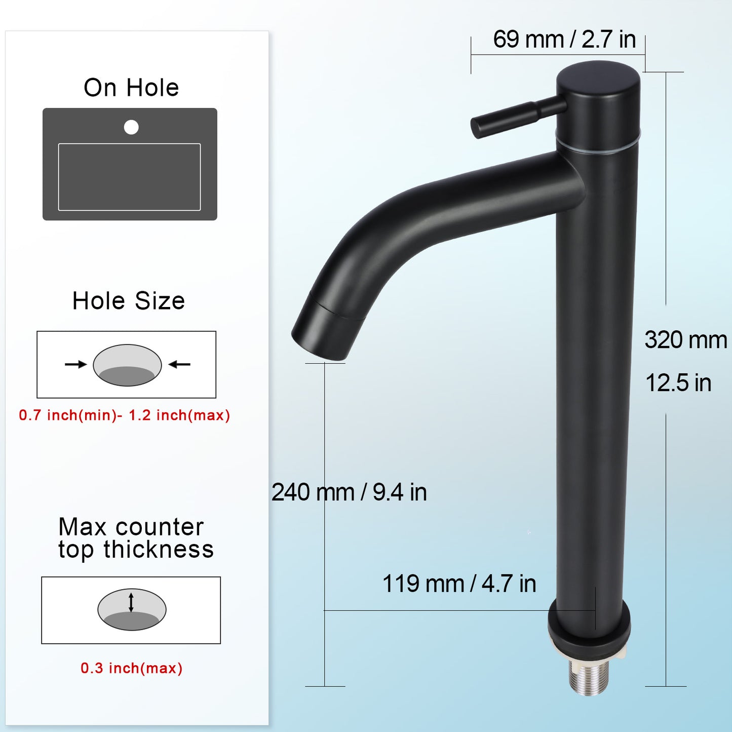 Black faucet with dimensions and installation guidelines on a light blue background