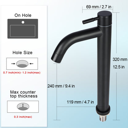Black faucet with dimensions and installation guidelines on a light blue background