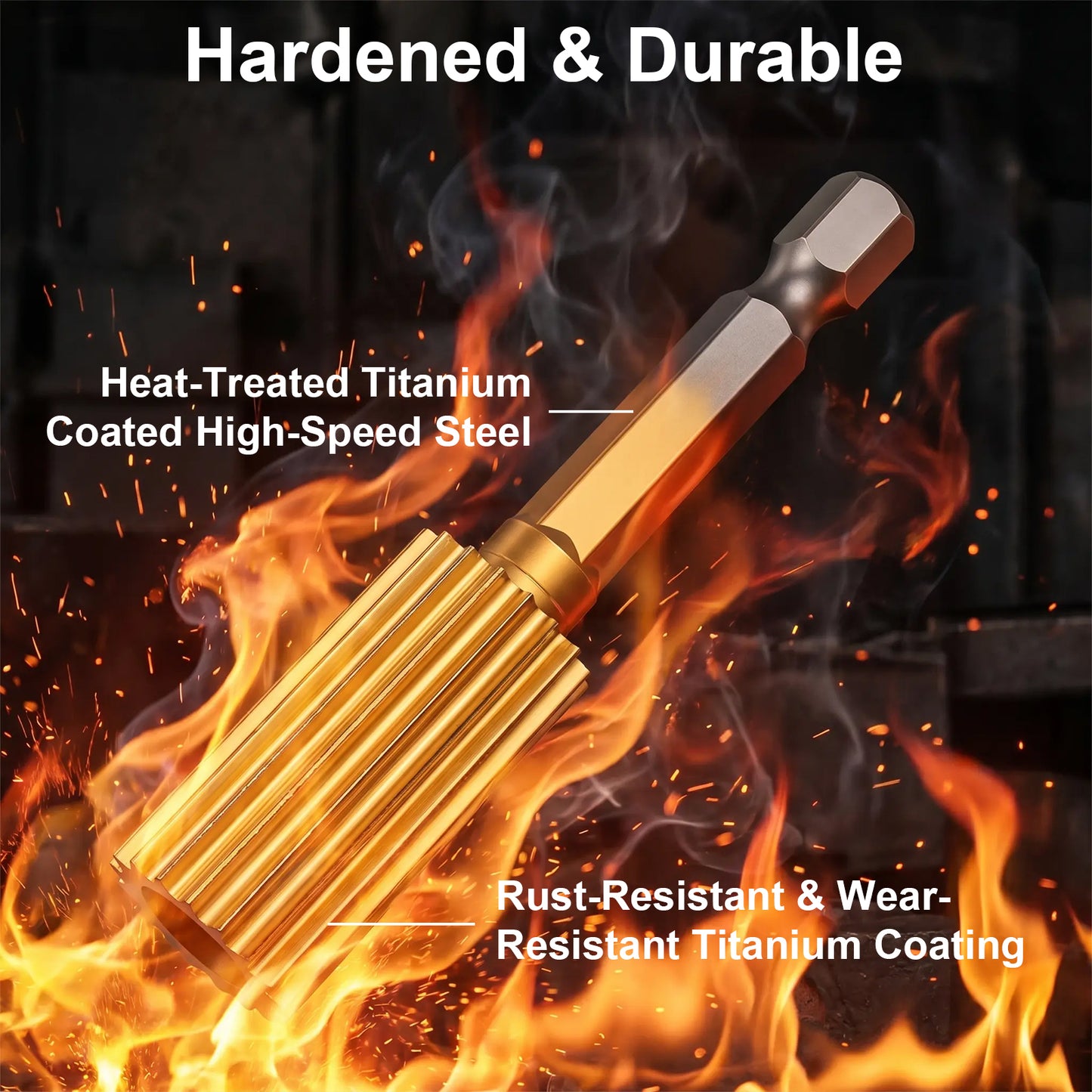 Heat-treated titanium-coated high-speed steel tool with flames in the background