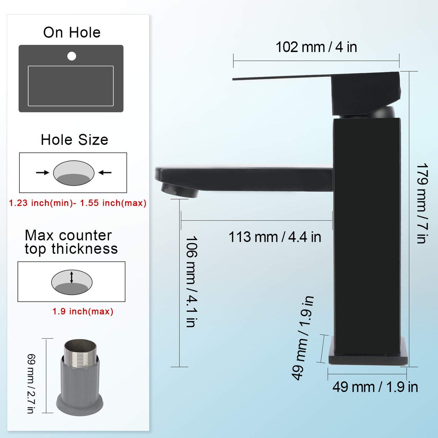 Black faucet with dimensions and installation instructions on a blue background