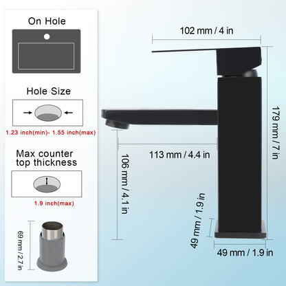 Black faucet with dimensions and installation instructions on a blue background