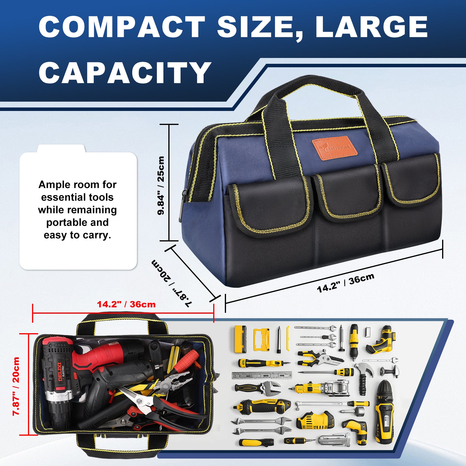 A navy and black tool bag with yellow stitching, shown with dimension labels and a lower inset of the bag open to reveal included power tools. Large text reads 'COMPACT SIZE, LARGE CAPACITY' and notes the bag is ample room for essential tools while remaining portable and easy to carry.