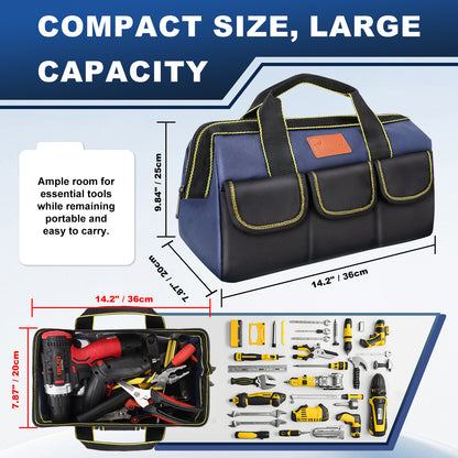 A navy and black tool bag with yellow stitching, shown with dimension labels and a lower inset of the bag open to reveal included power tools. Large text reads 'COMPACT SIZE, LARGE CAPACITY' and notes the bag is ample room for essential tools while remaining portable and easy to carry.
