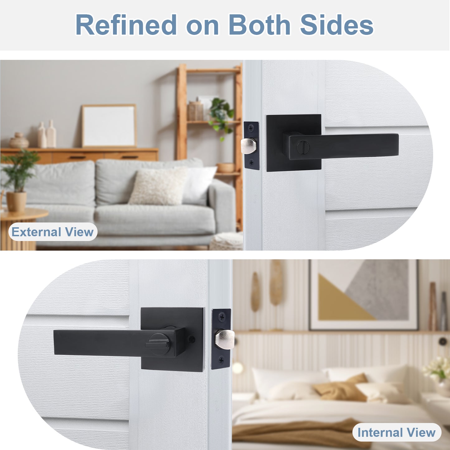 Black door handle on a white door with living room and bedroom views.