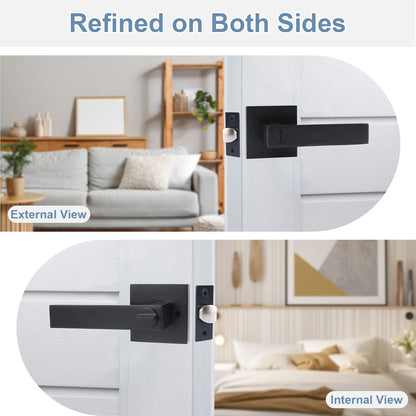 Black door handle on a white door with living room and bedroom views.