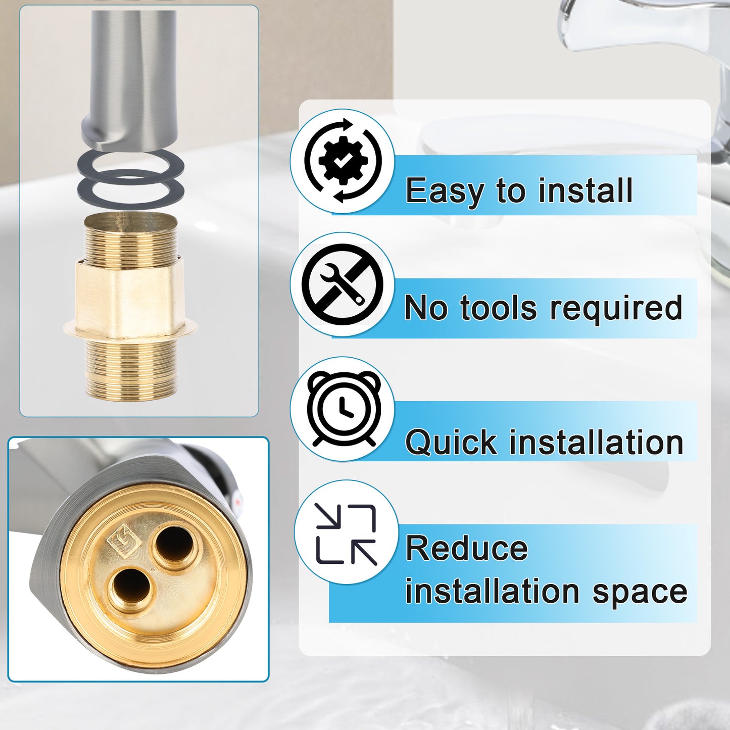 Plumbing components with installation features highlighted on a white background