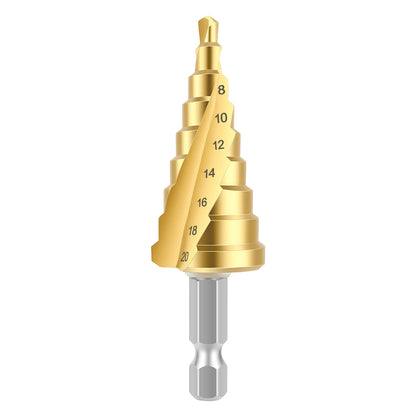 Gold step drill bit on a white background