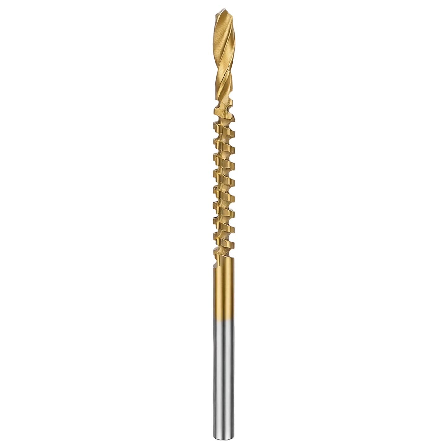 Gold and silver drill bit on a white background