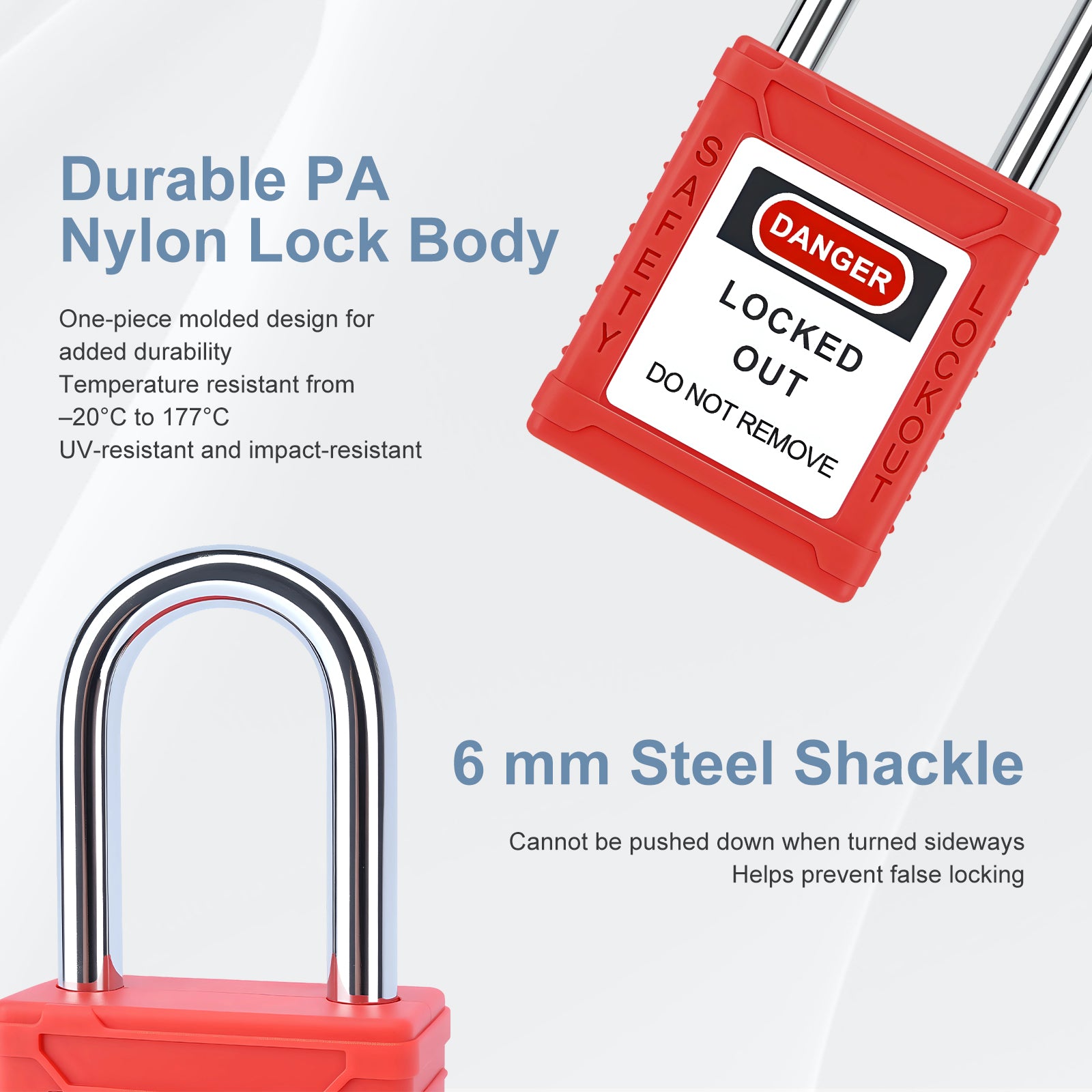 Red safety lock with a warning label on a white background