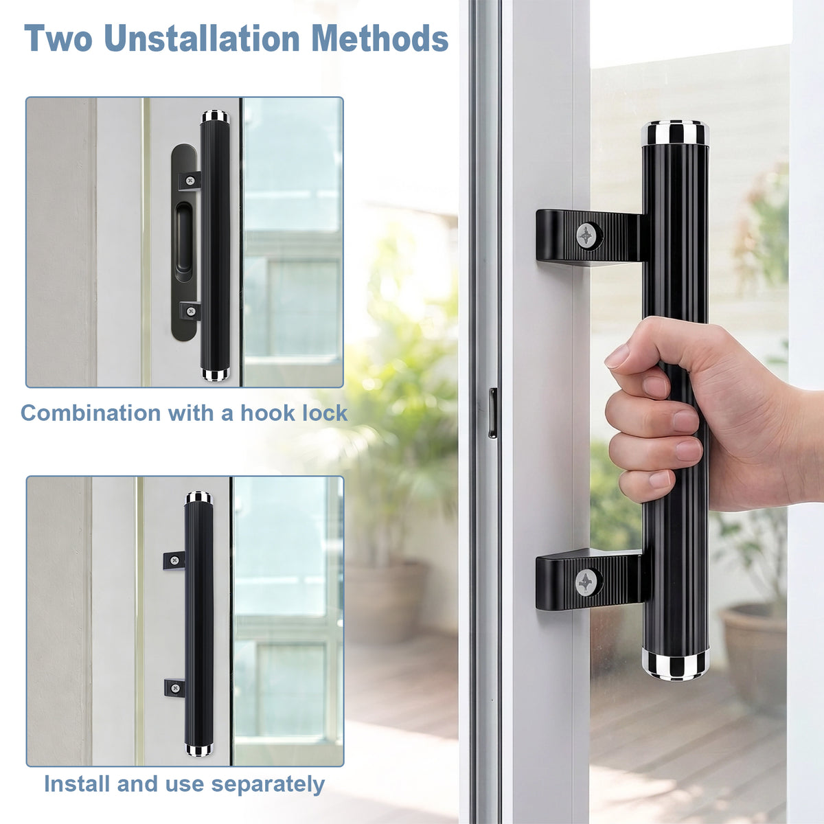 A black cylindrical door handle with mounting brackets is shown installed on a glass door, with a hand holding it. The left side includes two inset diagrams labeled 'Two Uninstallation Methods' showing alternative installation options with text overlays.