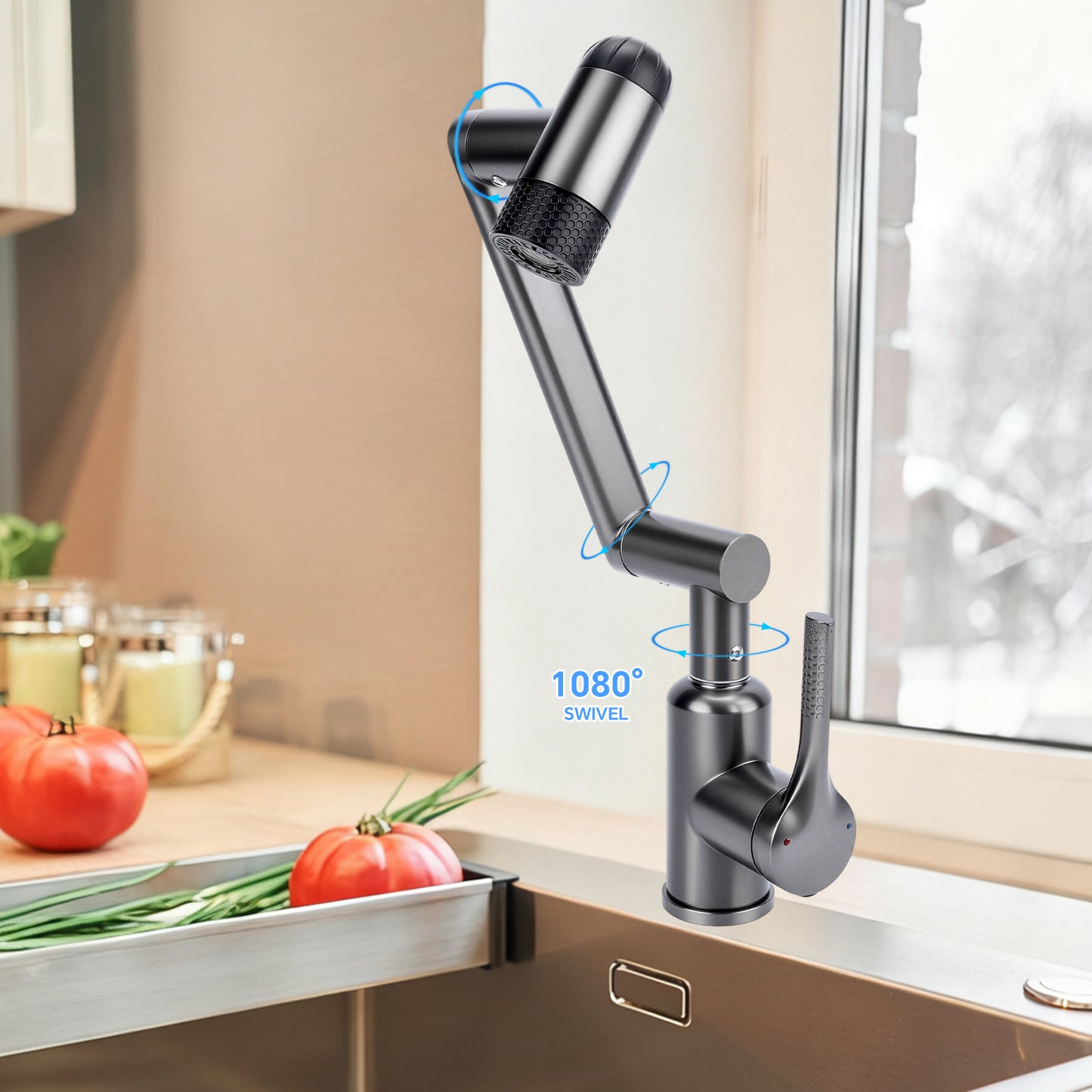 Modern kitchen faucet with a swivel design in a kitchen setting.