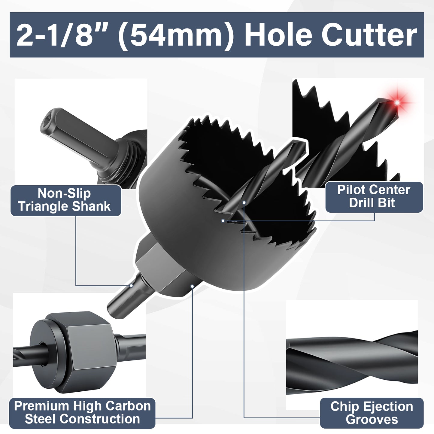 2-1/8" (54mm) hole cutter with labeled parts on a white background