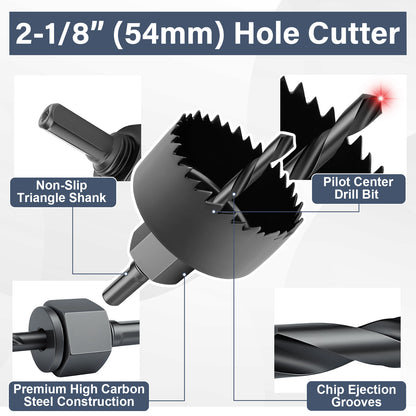 2-1/8" (54mm) hole cutter with labeled parts on a white background