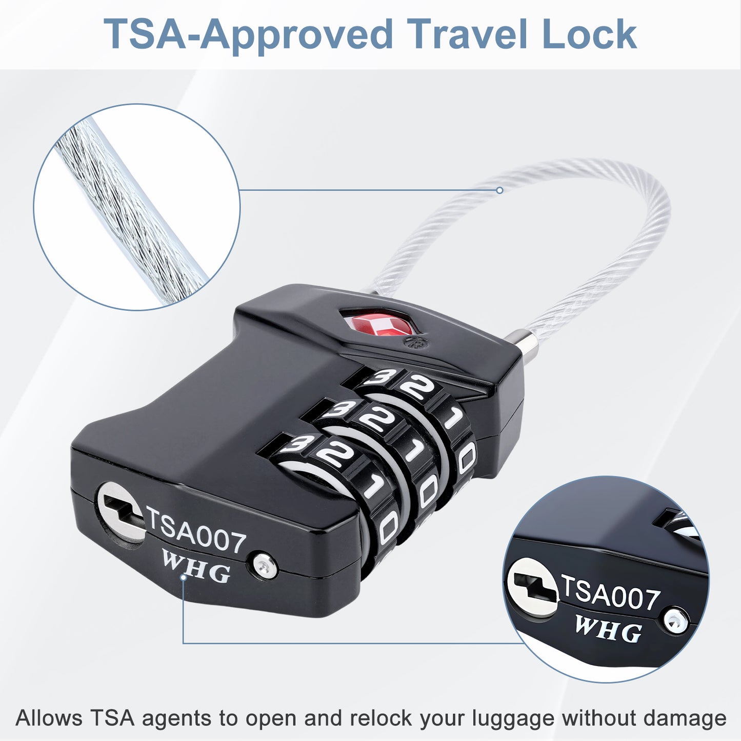 TSA-approved travel lock with cable on a light gray background