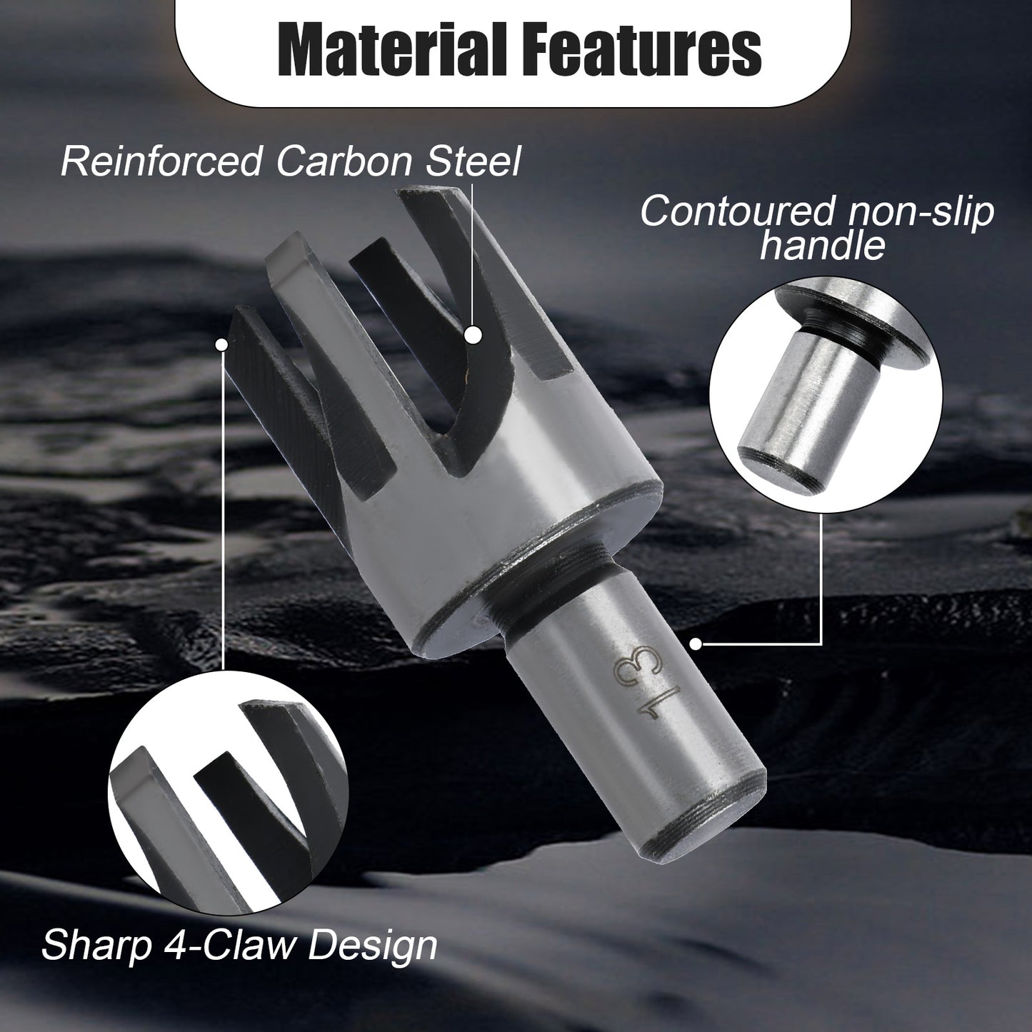 Metal tool with material features highlighted on a dark background