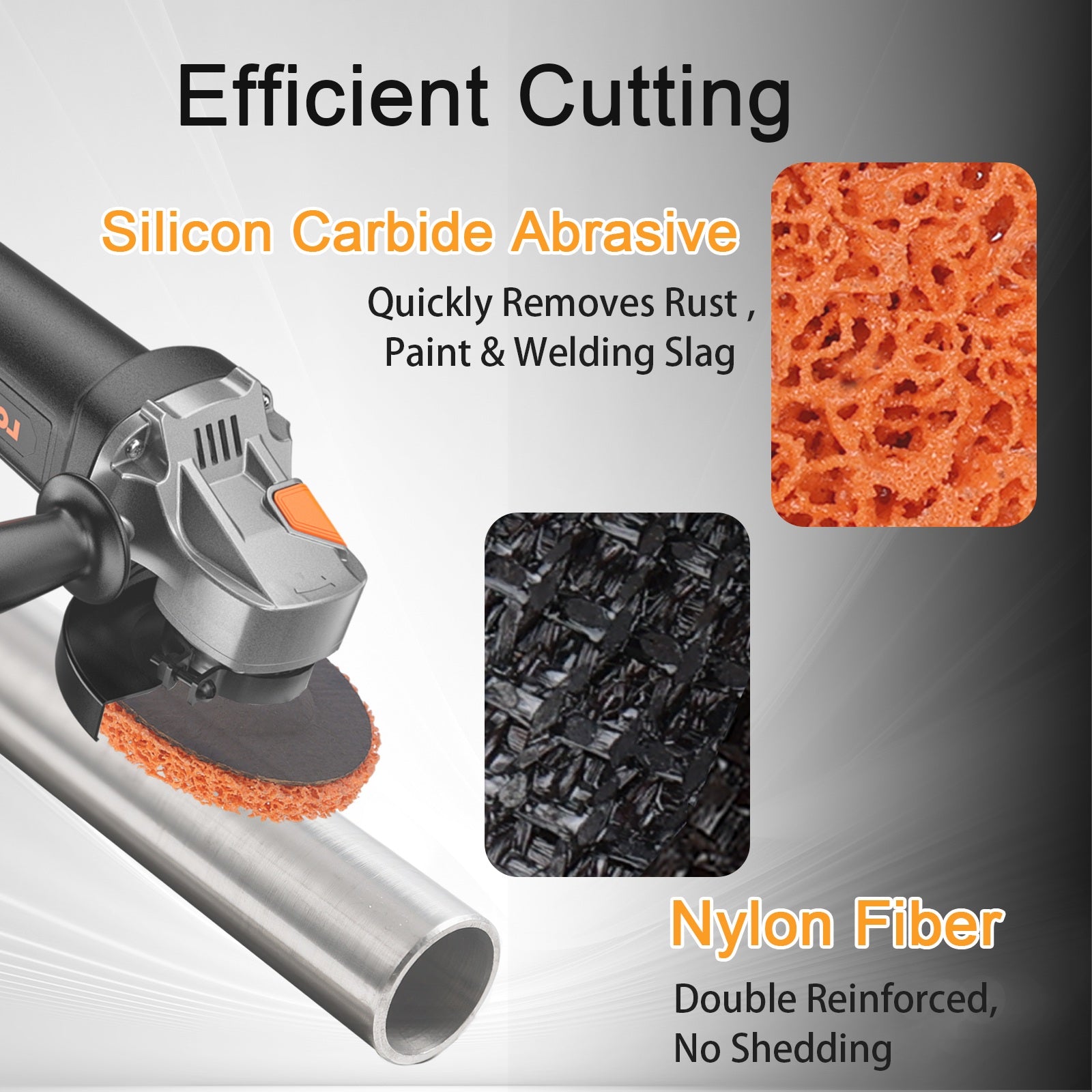 Angle grinder with silicon carbide abrasive pad and nylon fiber, used for efficient cutting and surface preparation.