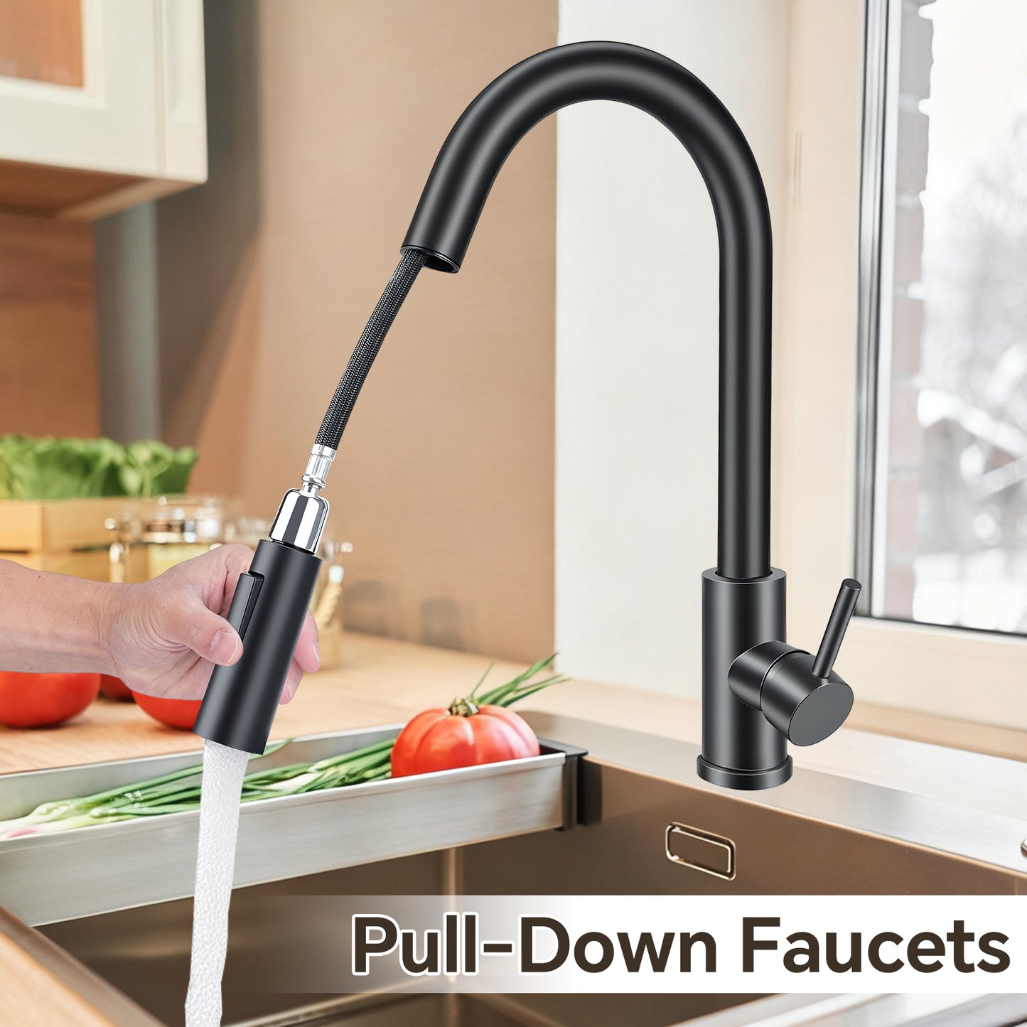 Black pull-down faucet in a kitchen setting with a hand demonstrating its use.