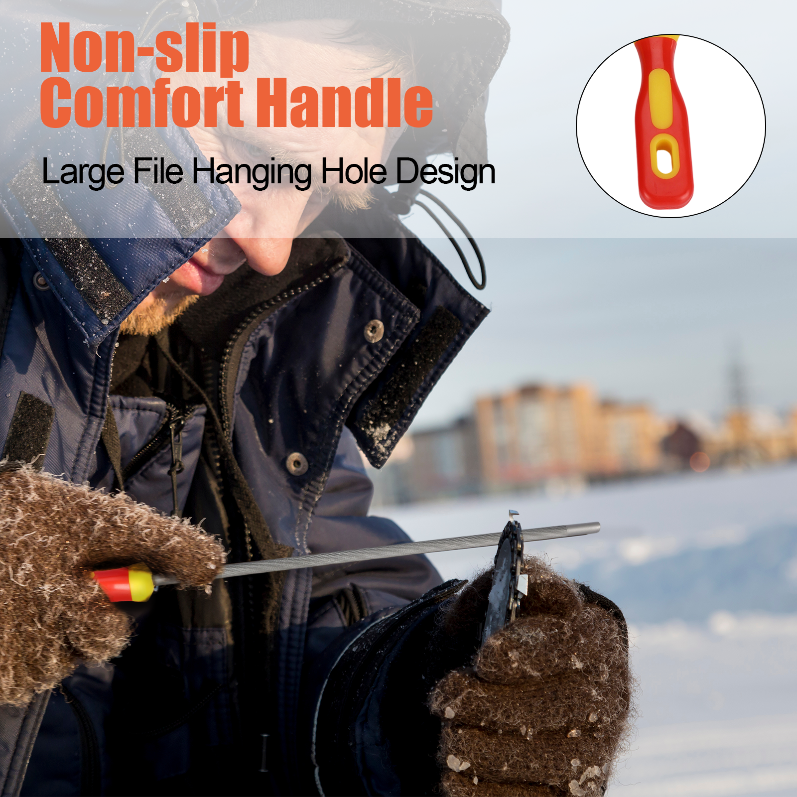 Person using a tool with a non-slip handle and large file hanging hole design, set against a snowy landscape.