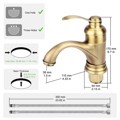 Gold faucet with dimensions and installation guide on a white background