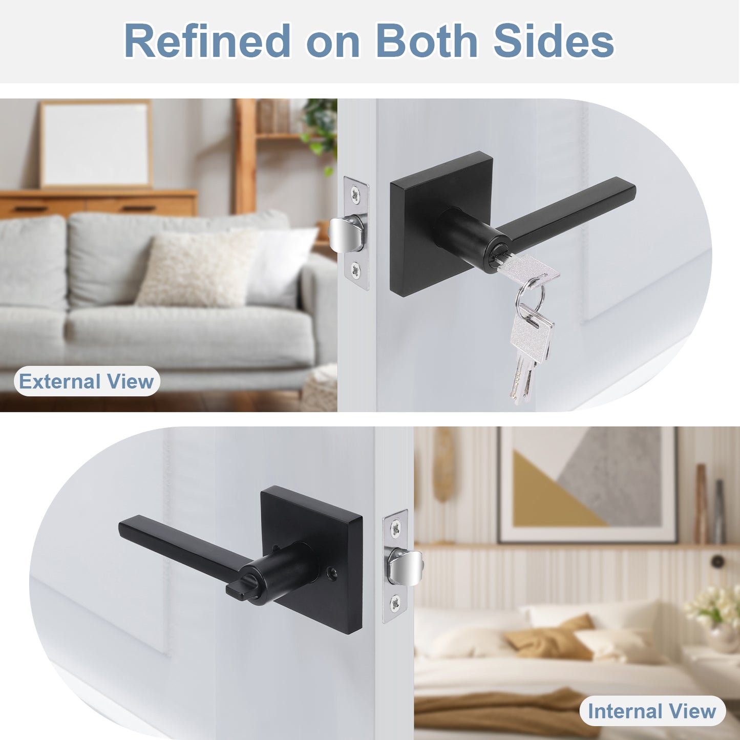 Black door handle on a white door with living room interior background