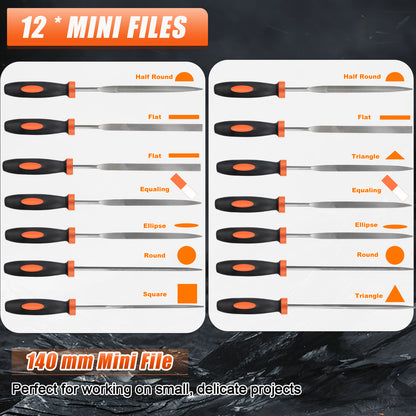 Set of 12 mini files with different shapes on a black background