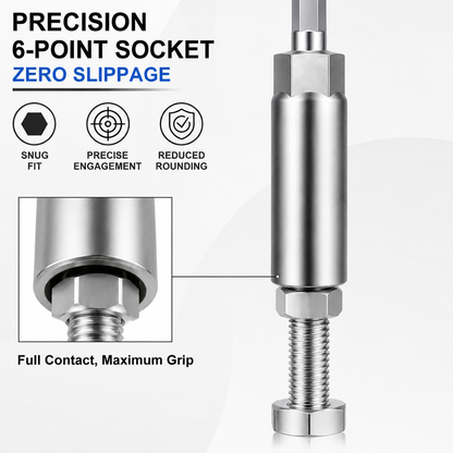 A precision 6-point socket tool with a threaded rod and hex nut, shown on a light gray background with marketing text and feature icons. The image includes a close-up inset of the socket head and text reading 'PRECISION 6-POINT SOCKET ZERO SLIPPAGE' and 'Full Contact, Maximum Grip.