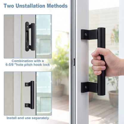 Black metal sliding door handle shown installed on a glass door frame, with a hand holding the handle. The image includes two inset diagrams labeled 'Two Uninstallation Methods' showing alternative installation options with text overlays.