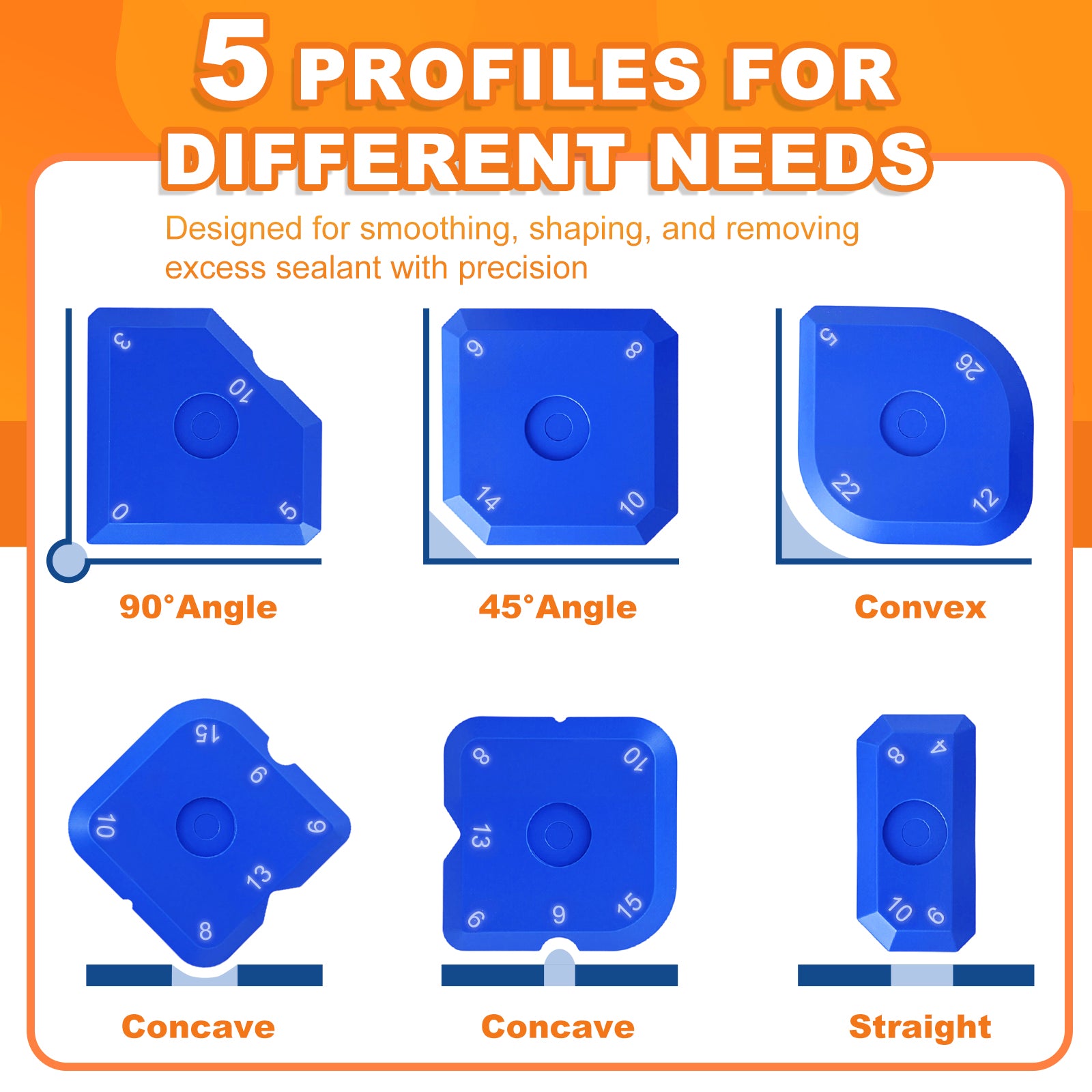 Five blue profiles for smoothing, shaping, and removing excess sealant with precision on an orange background.